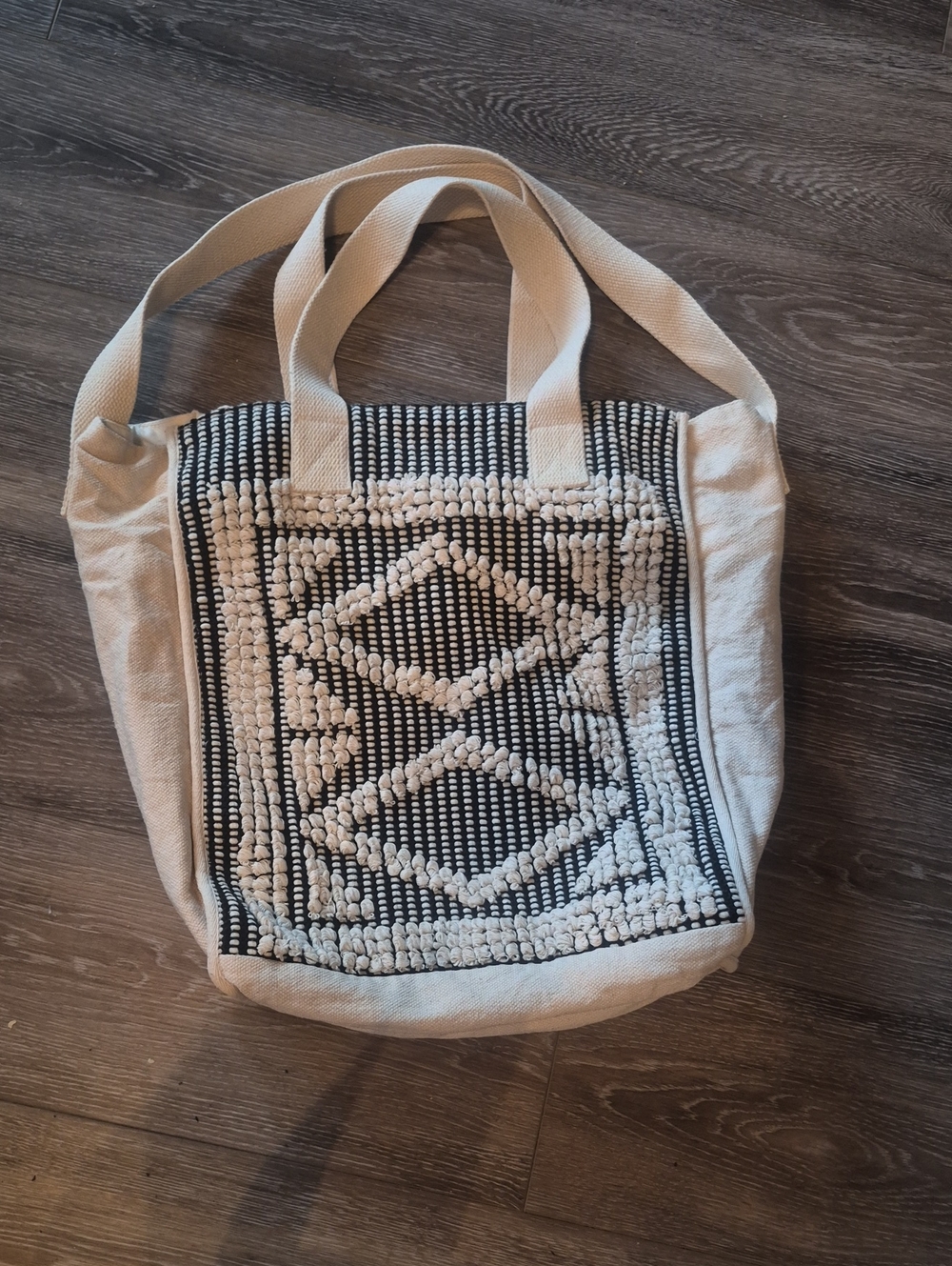 Neutral Woven Tote Bag with Black Pattern